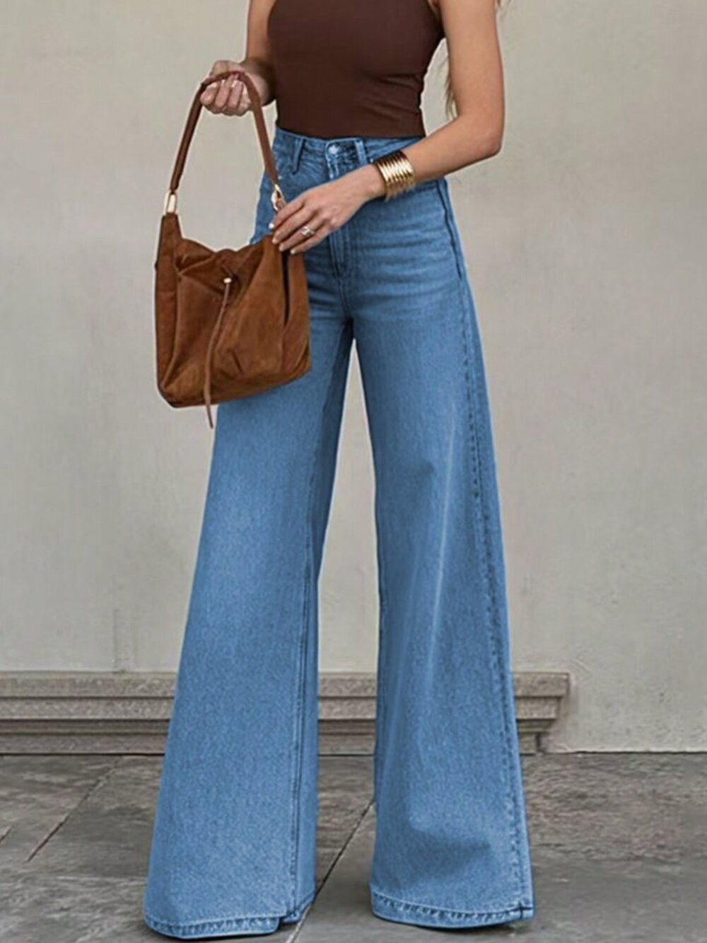 Medium Blue Casual Women's High-Waisted Wide-Leg Denim Pants with Button Zipper